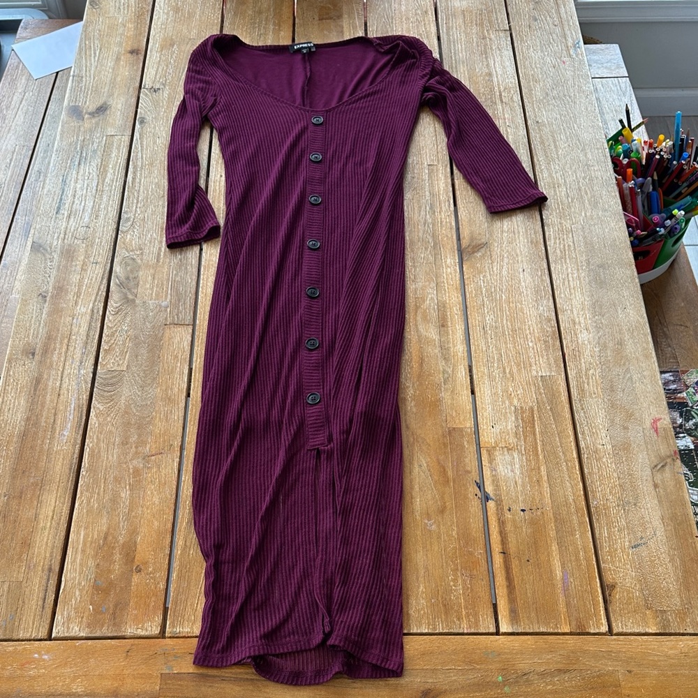 Express Burgundy Long Sleeve Button Dress